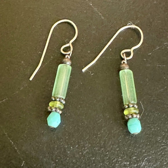 Handmade Jewelry - Sterling Silver Green & Blue Glass Dangle Boho Earrings
